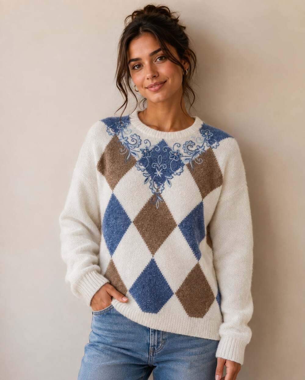 Alfred Dunner Embroidered Argyle Chenille Pullover Sweater